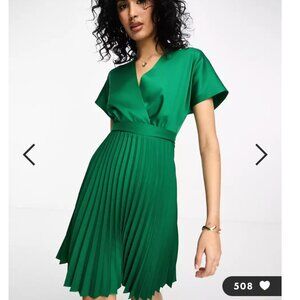 Closet London wrap front pleated midi skater dress in emerald